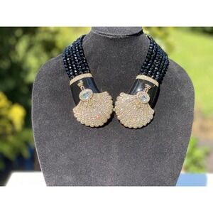Heidi Daus Designer Statement Necklace Black Crystal Fan Clam Shell Gold Tone